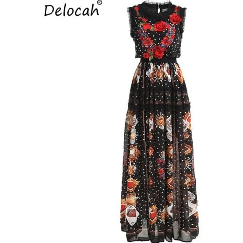 Delocah New Women Spring Summer Dress Runway Fashion Sleeveless Appliques Ruffles Dot Printed Elegant Vintage Party Long Dresses