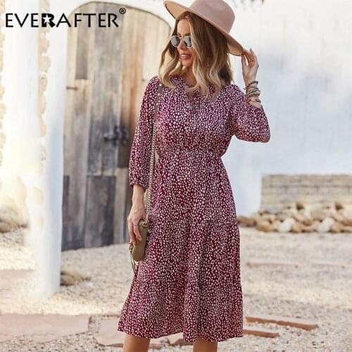 EVERAFTER Lace-up V-neck Button A-line Leopard Print Dress Women Elegant High Waist Ruffled 2021 Autumn Lady Maxi Dress Female