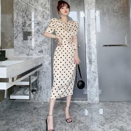New arrival fashion korean party nigth club dress women elegant summer vintage puff sleeve temperament simple dot a-line dress
