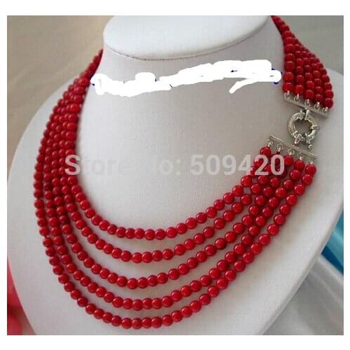 Women Gift word Love women Fashion Jewelry Wholesale>>>stunning 5rows 6mm round red crude coral necklace n1005