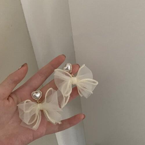 2021 New Arrival Korean Fabric Bowknot Dangel Earrings For Women Elegant Heart Simulated Pearl Shiny Rhinestone Ear Gift Brincos