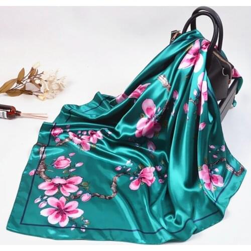 2021 Silk Scarf Women Fashion Designer Beautiful flowers Foulard Soft Satin Shawl Scarfs Kerchief 90*90cm Square Neck Headscarf