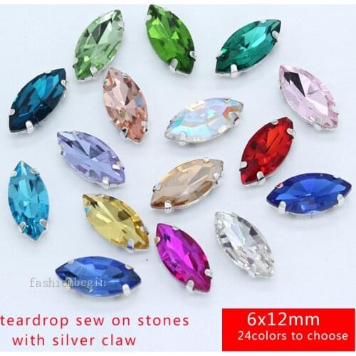 50p 6x12mm Navette color sew on crystal glass flatback diamante rhinestone silver claw jewels craft for Clothing accessories DIY