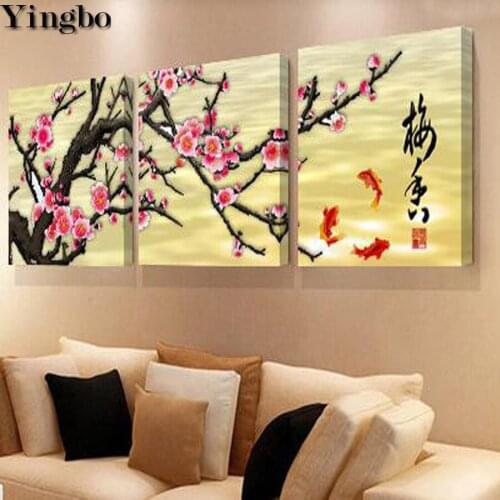 Chinese style Diamond Embroidery Plum koi fish Diy Diamond Paintings Full drill square Mosaic painting rhinestone decor 3 pcs