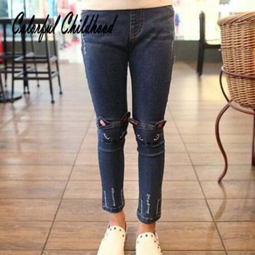 Baby Girls trousers Cat Pattern embroidery Elastic Jeans Bebe Vestidos Infant Pants Fashion Toddler Kid Trousers for 3-8years