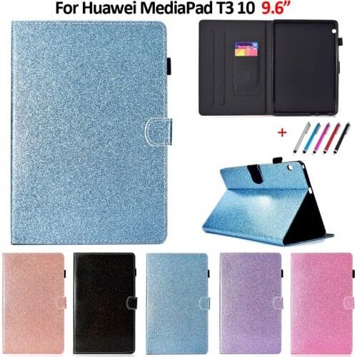 Case For Huawei MediaPad T3 10 Case Shinning Glitter Flip Wallet Stand Tablet Cover For funda huawei t3 10 case coque 9.6"+Pen