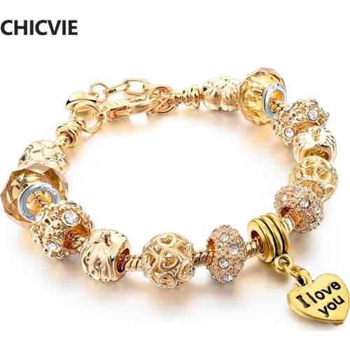 CHICVIE Custom Gold Color Heart "I LOVE YOUR"Charm Crystal Bracelets Bangle For Women Gold Jewelry Adjustable Bracelet SBR150328