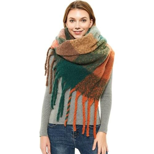 European American style Thickened Plaid Winter Scarf For Women Fashion Luxury Design coarse flow long tassel Shawl Wraps