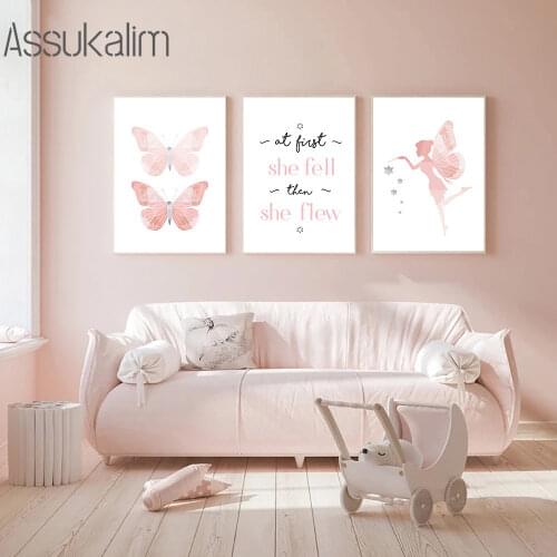 Fairy Posters Pink Butterfly Canvas Painting Nursery Wall Art Print Baby Poster Nordic Wall Pictures For Girl Room Decoration