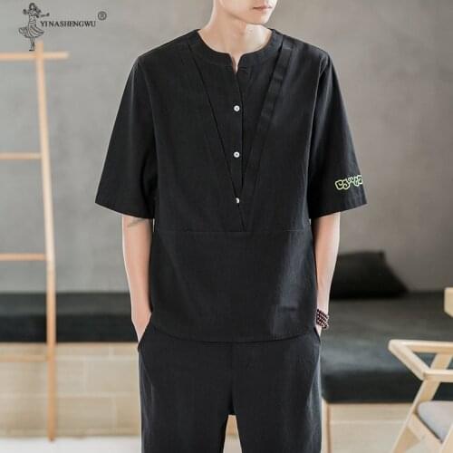 Japan Harajuku Kimono Asian Solid Color T-shirt Male Yukata Costume Japanese Style Men Short Half-sleeve Shirt T-Shirt 4XL 5XL