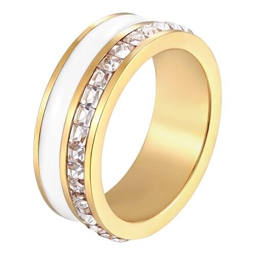 Beautiful Black And White Enamel And Shiny Crystal Ring Gold Plating Jewelry Woman Wedding Ring Love Valentines Day Gift