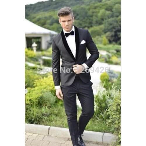 Best Groom Tuxedos Charcoal Grey Best man Shawl Black Collar Groomsman Men Wedding Suits Bridegroom Jacket+Pants+Tie+Girdle