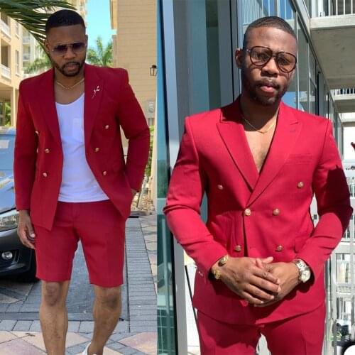 Summer Short Mens Tuxedos Double Breasted Two Pieces Business Wedding Blazer Suits Formal Prom Party Wear(Jacket+Pants)