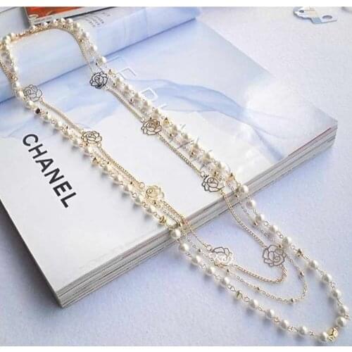 A40 Cute Sweater Long Chain Pendant Multilayer Pearl Necklace Rose Flower Jewelry