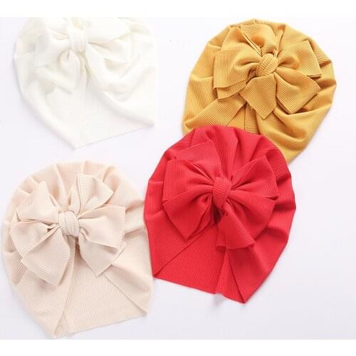 1 PCS 17.5*20.5 CM Baby Girls Solid Color Knitting Striped Hats Handmade Bowknot Toddler Cap Fashion Bows Headwear Birthday Gift