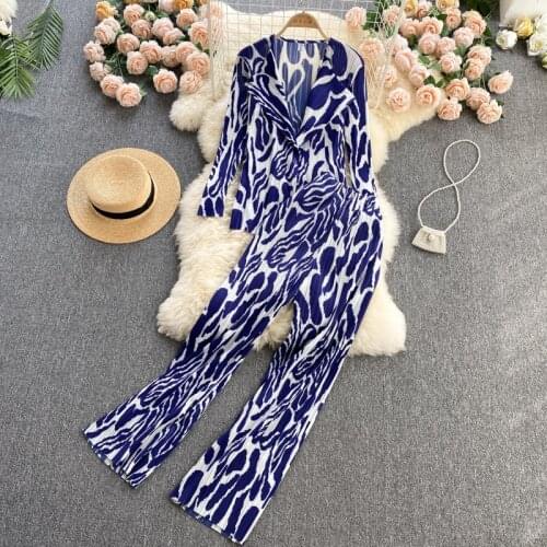 SINGREINY Women Summer Fashion Retro Print Set Long Sleeve Single Breasted Tops+High Waist Wide Leg Long Pants Two Piece Suits