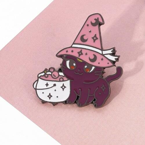 Magic Witch Hat Black Cat Metal Enamel Pins Cute Kitten Brooch Pin for Clothes Backpack Witchcraft Cartoon Jewelry Birthday Gift