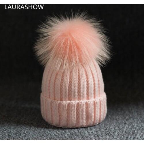 LAURASHOW Women Spring Wool Real Fur Pom Pom Hats Female Natural Raccoon Fur Beanie Hat Winter Cashmere Knitted Hat