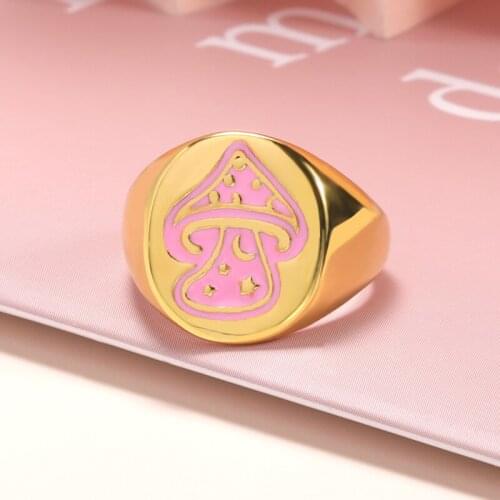 Cute Mushroom Enamel Ring for Women Girl Dripping Oil Pink Color Jewelry 2021 New Korean Fashion Aesthetic Female Wedding Ring