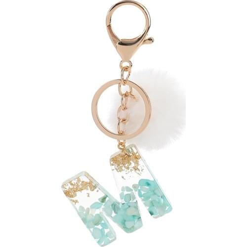 1PC Keyring Blue Stone Gold Color English Letter Keychain with Pompom 26 Words A TO Z Handbag Charms for Woman