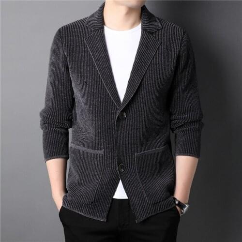 2021 Autumn New Mens Thick Cardigan Jacket Business Casual Suit Collar Two Buttons Knit Sweater Coat Male Brand
