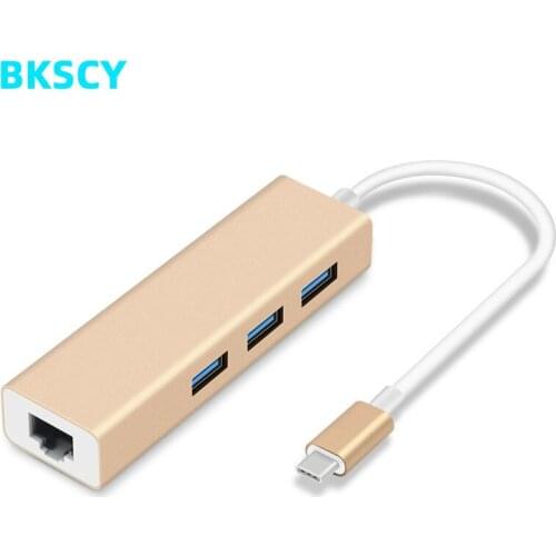 Bkscy USB C Hub Ethernet Adapter with Type C USB 3.0 3 Ports 1000Mbps RJ45 Network Card Lan Adapter for Macbook USB-C Hub