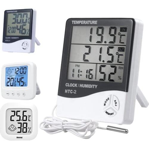 LCD Digital Thermometer Hygrometer Electronic Temperature Humidity Meter Weather Station Clock Indoor Outdoor Room Thermometer