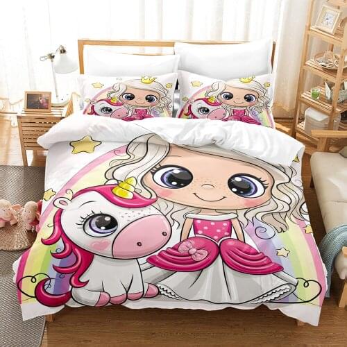 Double Single Bed Bedding Set Lovely Princess Unicorns Pink Bed Cover Pillowcase 2/3pcs /sets Roupa De Cama High Quality Comfort