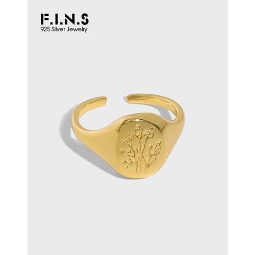 F.I.N.S Minimalist Geometric Oval Floral Carved S925 Sterling Silver Open Ring Texture Solid Real Silver 925 Finger Rings Women