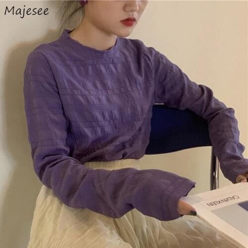 T-shirts Women Solid Purple Long Sleeve Simple Design Chic Bright Vintage Fashion Cute Ladies Tops Breathable Loose Slim Sweet