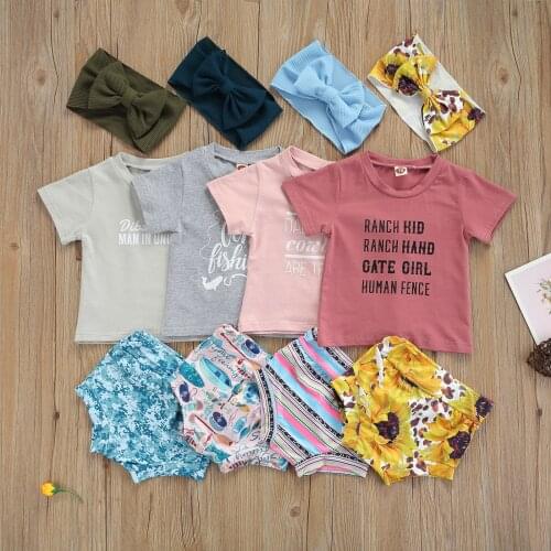 2021 Fashion Girls Clothes Sets Kids Letter Print Short Sleeve O-neck T-shirt Printed Shorts Bow-knot Headband 3pcs Outfits Sets