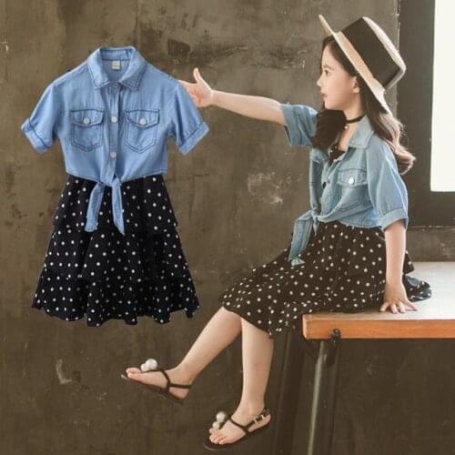 Girl Clothing Sets Fashion Korean Wave Point Sling Dress Denim Shawl Coat 2pcs Girls Summer Vacation Clothes 3 4 5 6 7 8 Years
