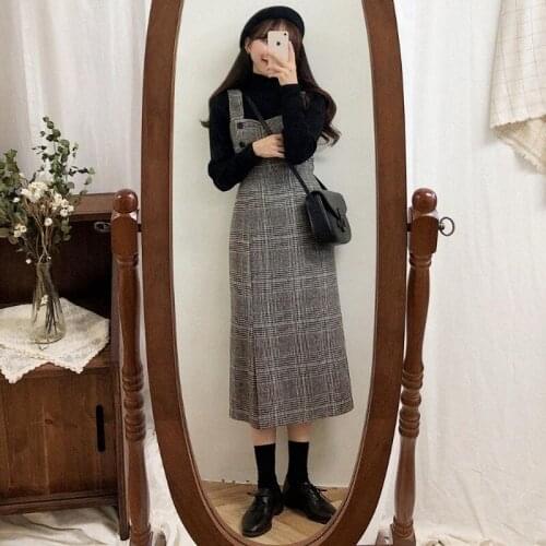 Korean Chic Autumn Winter Vintage Woolen Plaid Suspender Dress Square Collar Button Slim Bandage Overalls Package Hip Split Robe