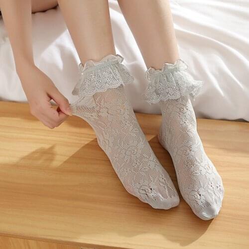 Summer Breathable Lace Lolita Socks Japanese Style Fishnet Floral Short Sock Women Soft Cosplay Princess Soxs Ruffle Female 2021