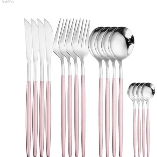 Mirror Pink Silver Stainless Steel Cutlery Set Silverware 18/10 Kitchen Knives Forks Spoons Flatware Tableware Dinnerware Set
