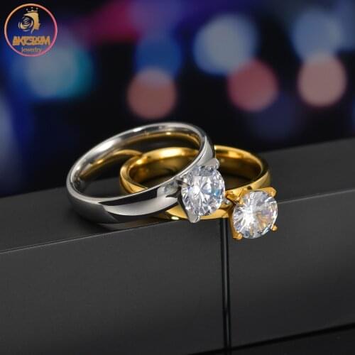 Akizoom Cubic Zircon Wedding Rings for Women Stainless Steel Lovers Engagement Ring Charm Couple Jewelry Party Gift Freeship