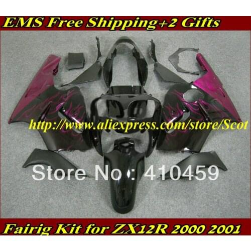 ABS pink flames black Fairing kit for KAWASAKI Ninja ZX12R 00 01 ZX 12R 2000 2001 ZX-12R 00-01 2000-2001 Fairings body work