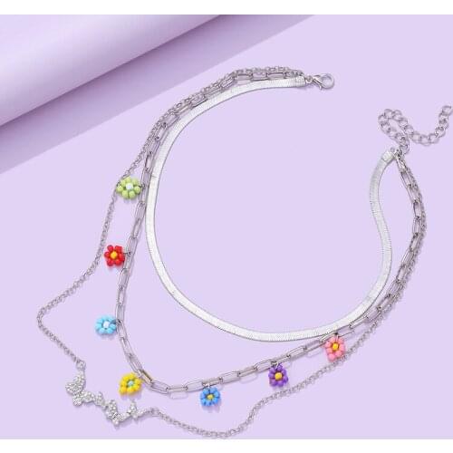 Origin Summer Trendy Flower Full Shiny Rhinestone Butterfly Pendant Necklace for Women Girls Silver Color Chain Necklace Jewelry