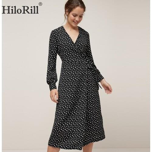 HiloRill Women Vintage Polka Dot Casual Long Dress 2021 V Neck Long Sleeve Wrap Party Dresses Female Boho Split Sashes Vestido