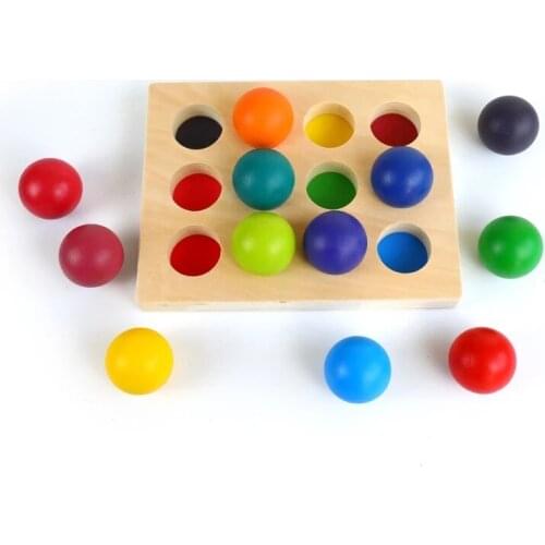 Color Sorting Wood Balls Kids Wooden Toys Rainbow & Pastel Sphere with Tray Montessori Educational Wooden toy