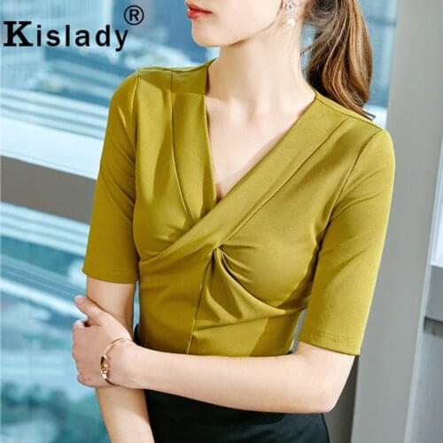 2020 Spring Summer Womens V-Neck Half Sleeve Gothic Solid Shirt Sexy Tops OL Harajuku Shirt Korean Elegant Fashion Clothing