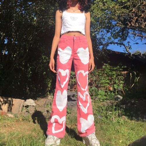 Heart Print Patchwork Denim Jeans Women Vintage Y2K 90S High Waist Streetwear Boyfriend Wide Leg Trousers Straight Pants Pink