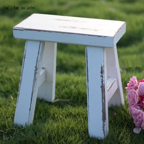 Shabby chic handmade solid fir wooden antique white stool