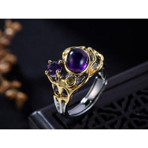 Thai Silver Amethyst Ring womens RING 925 silver jewelry retro round hand ornament