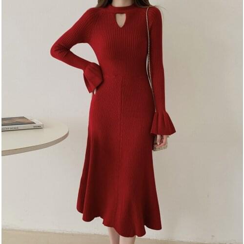 Vintage Elegant Sweater Dress Robe Femme Chic Flare Sleeve Reversible Formal Dress Evening Party Vacation Festival Vestidos Red