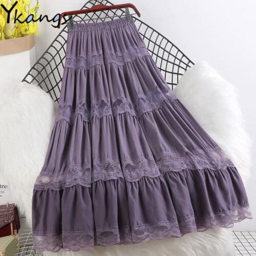 Purple Summer Chiffon Beach Boho Long skirt Women Black White Lace pleated skirt Ladies Office High Waist Midi saia Streetwear