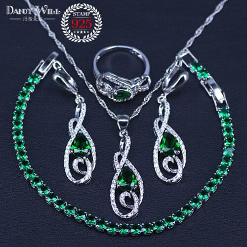 Green Stones White Zircon Women silver color Jewelry Sets Earrings/Pendant/Necklace/Rings/Bracelets For Bridal Set Free Box