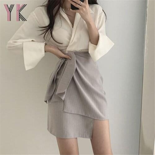 Two-Piece V-Neck Solid Color Shirt + Striped Irregular Mini Skirt Korean Office Lady Set Trendy Streetwear Womens Clothing Suit