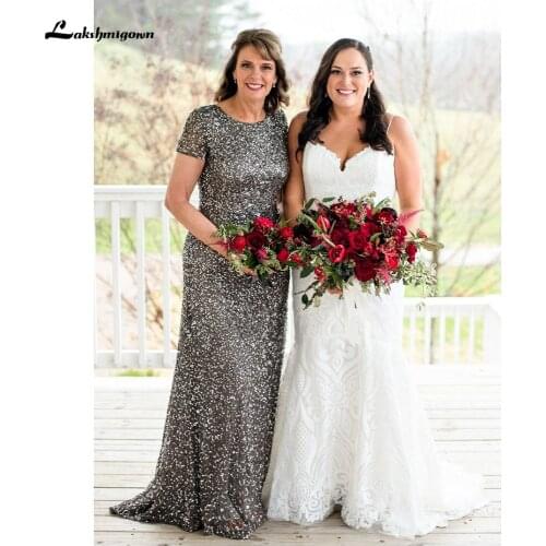 Elegant O Neck Short Sleeve Mermaid Mother of the Bride Dress Sequin Lace Bling Bling robe de soirée femme 2021 Lakshmigown