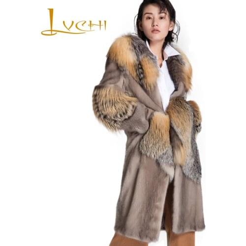 LVCHI Winter 2019 With Fox Colla Mink Fur Coats Womens Turn-Down Collar Gold Fox Sleeve X-Long Silver Blue Causal Mink Coats